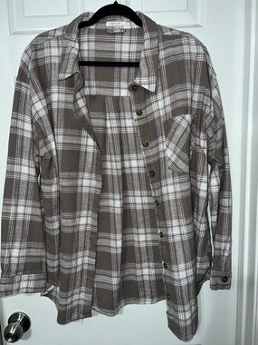 Maurices Taupe and White Plaid Shirt with Soft Pink Accents